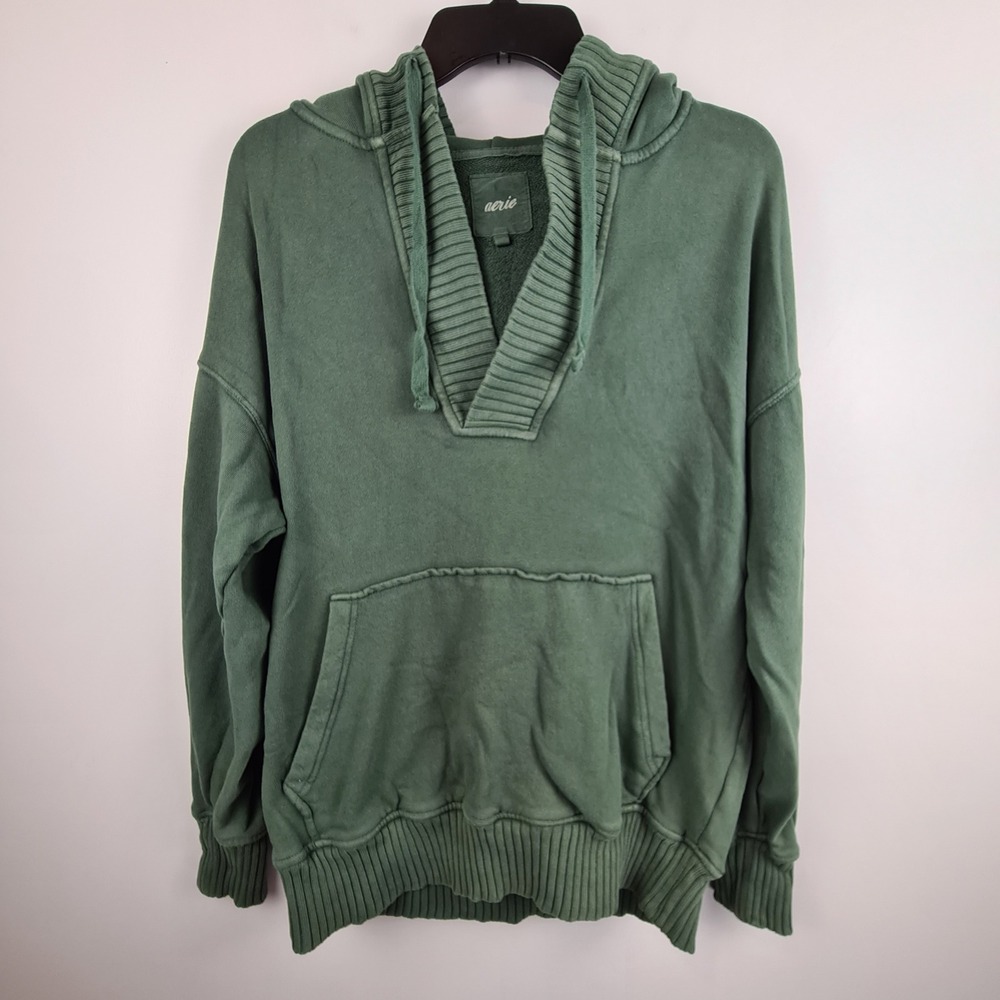 Aerie Womens XS Sage Green Cotton Ribbed Trim V-Neck Pullover Hoodie Streetwear